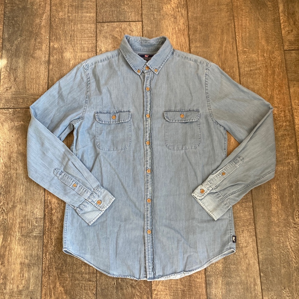 Vineyard Vines Slim Fit Crosby Cotton Linen Blue Chambray Shirt - M